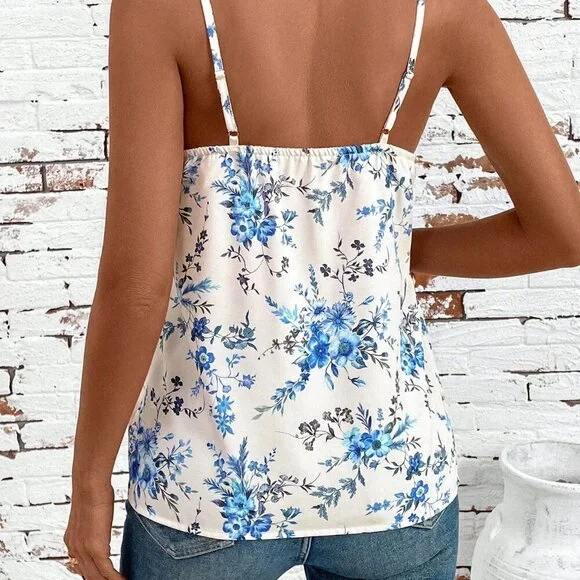 Blue Boho Women's Ditsy Floral Sleeveless Camisole Top With Embroidered Neckline - Picture 2 of 5